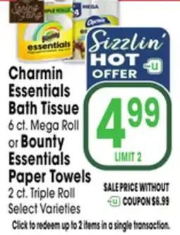 Jewel-Osco Charmin Essentials Bath Tissue 6 ct. Mega Roll or Bounty Essentials Paper Towels 2 ct. Triple Roll offer