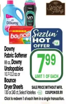 Jewel-Osco Downy Fabric Softener 88 oz., Downy Unstopables 10.7-12.2 oz. or Bounce Dryer Sheets 130 or 240 ct offer
