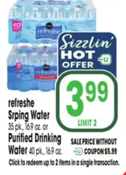 Jewel-Osco refreshe Srping Water 35 pk., 16.9 oz. or Purified Drinking Water 40 pk., 16.9 oz offer