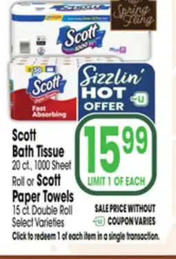 Jewel-Osco Scott Bath Tissue 20 ct., 1000 Sheet Roll or Scott Paper Towels 15 ct. Double Roll offer