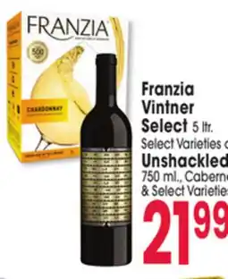 Jewel-Osco Franzia Vintner Select 5 ltr. Select Varieties or Unshackled 750 ml., Cabernet & Select Varieties offer
