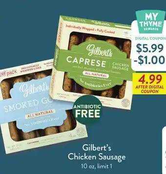 Fresh Thyme Gilbert's Chicken Sausage offer
