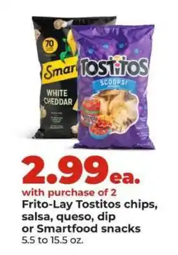 Hy-Vee Frito-Lay Tostitos chips, salsa, queso, dip or Smartfood snacks offer