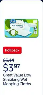 Walmart Great Value Low Streaking Wet Mopping Cloths offer