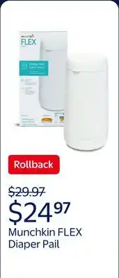 Walmart Munchkin FLEX Diaper Pail, Odor Control, Compact Size, Tap Lid to Open, White offer