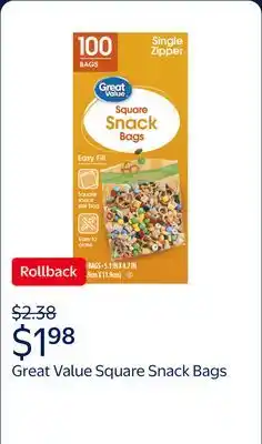 Walmart Great Value Fresh Seal Zipper Square Snack Bags offer