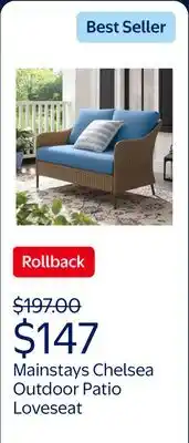 Walmart Mainstays Chelsea Outdoor Patio Loveseat with Blue Cushions offer