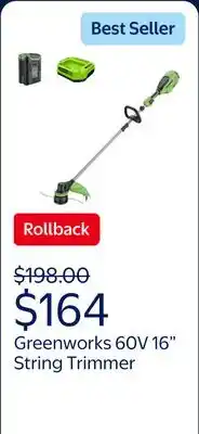 Walmart Greenworks 60V 16 Front Mount String Trimmer + 2.5Ah Battery & 3A Charger 2134302 offer