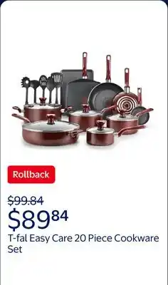 Walmart T-fal Easy Care, 20 Piece Non-Stick Pots and Pans Cookware Set, Red offer