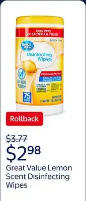 Walmart Great Value Lemon Scent Disinfecting Wipes offer