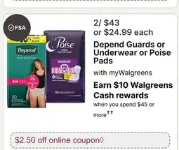 Walgreens Depend Guards or Underwear or Poise Pads offer