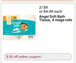 Walgreens Angel Soft Bath Tissue, 4 mega rolls offer