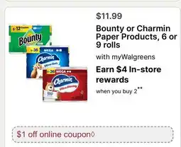 Walgreens Bounty or Charmin Paper Products, 6 or 9 rolls offer