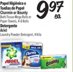 El Super Charmin or Bounty Bath Tissue Mega Rolls or Paper Towels, 4-6 Rolls Ariel Laundry Powder Detergent offer