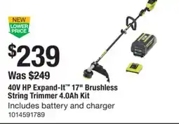 The Home Depot RYOBI HP Expand-It 17 Brushless String Trimmer 4.0Ah Kit offer