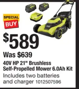 The Home Depot RYOBI 40V HP 21 Brushless Self-Propelled Mower 6.0Ah Kit offer