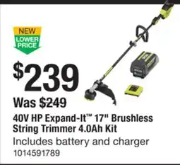 The Home Depot RYOBI 40V HP Expand-It 17 Brushless String Trimmer 4.0Ah Kit offer