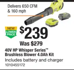 The Home Depot RYOBI 40V HP Whisper Series Brushless Blower 4.0Ah offer
