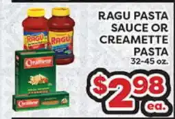 Torres Supermercado RAGU PASTA SAUCE OR CREAMETTE PASTA offer
