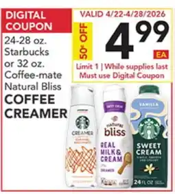 Pete's Fresh Market 24-28 oz. Starbucks Coffee-mate Natural Bliss COFFEE CREAMER offer