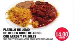 Carnicerias Jimenez THIN RIBEYE STEAK IN ARBOL SAUCE WITH RICE & BEANS offer
