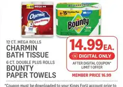 Kings Food Markets 12 CT. MEGA ROLLS CHARMIN BATH TISSUE 6 CT. DOUBLE PLUS ROLLS BOUNTY PAPER TOWELS offer