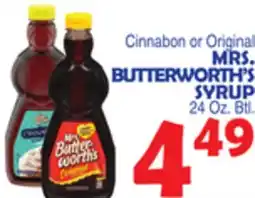 Bravo Supermarkets MRS. BUTTERWORTH'S SYRUP 24 Oz. Btl offer
