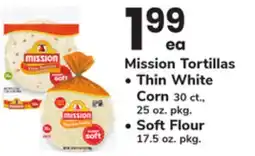 ACME Mission Tortillas Thin White Corn 30 ct., 25 oz. pkg. Soft Flour 17.5 oz. pkg offer