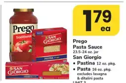 ACME Prego Pasta Sauce 23.5-24 oz. jar, San Giorgio Pastina 12 oz. pkg., Pasta 16 oz. pkg offer