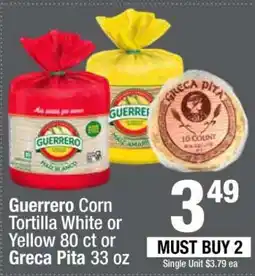 Super King Markets Guerrero Corn Tortilla White or Yellow 80 ct or Greca Pita 33 oz offer