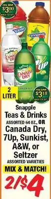 Western Beef Snapple Teas & Drinks OR Canada Dry, 7Up, Sunkist, A&W, or Seltzer offer