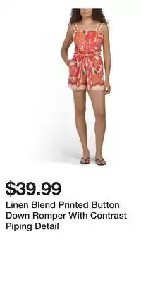 TJ Maxx Linen Blend Printed Button Down Romper With Contrast Piping Detail offer