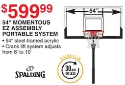 Dunham's Sports SPALDING 54 MOMENTOUS EZ ASSEMBLY PORTABLE SYSTEM offer