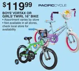 Dunham's Sports PACIFIC CYCLE BOYS' VORTAX OR GIRLS' TWIRL 16 BIKE offer