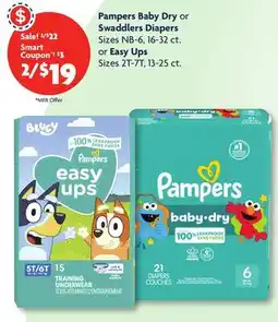 Family Dollar Pampers Baby Dry or Swaddlers Diapers Sizes NB-6, 16-32 ct. or Easy Ups Sizes 2T-7T, 13-25 ct offer