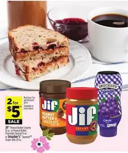 Dollar General Jif Peanut Butter Creamy or Peanut Butter Chocolate Spread or Smucker's Squeeze TM Grape Jelly offer