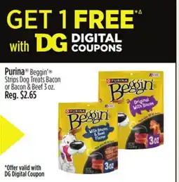 Dollar General Purina Beggin' Strips Dog Treats Bacon or Bacon & Beef offer