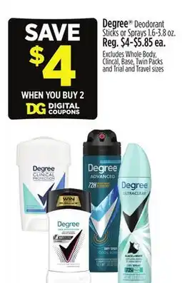 Dollar General Degree Deodorant Sticks or Sprays offer
