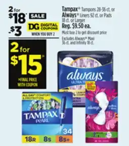 Dollar General Tampax Tampons or Always Liners or Pads offer