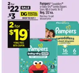 Dollar General Pampers Swaddlers or Baby-Dry Jumbo Diaper offer