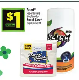 Dollar General Select Paper Towels Single roll or Smart Care Napkins offer