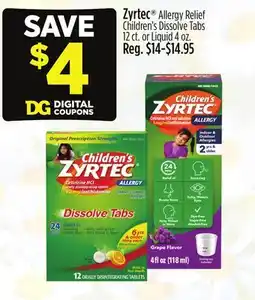 Dollar General Zyrtec Allergy Relief Children's Dissolve Tabs 12 ct. or Liquid 4 oz offer