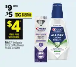 Dollar General Crest Toothpaste 3.8 oz. or Mouthwash 33.8 oz offer