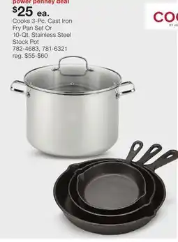 JC Penney Cooks 3-Pc. Cast Iron Fry Pan Set Or 10-Qt. Stainless Steel Stock Pot offer