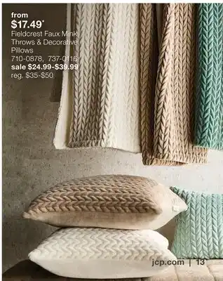 JC Penney Fieldcrest Faux Mink Throws & Decorative Pillows offer