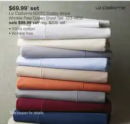 JC Penney Liz Claiborne 600TC Dobby Stripe Wrinkle-Free Queen Sheet Set offer