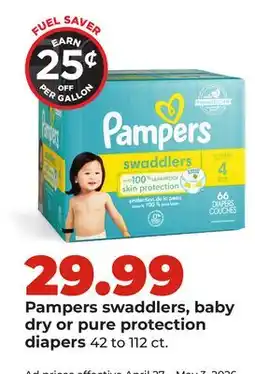 Hy-Vee Pampers swaddlers, baby dry or pure protection diapers offer