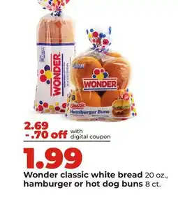 Hy-Vee Wonder classic white bread 20 oz., hamburger or hot dog buns 8 ct offer