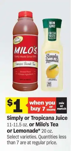 Meijer Simply or Tropicana Juice or Milo's Tea or Lemonade offer