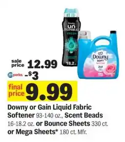 Meijer Downy or Gain Liquid Fabric Softener, Scent Beads, Bounce Sheets, Mega Sheets offer